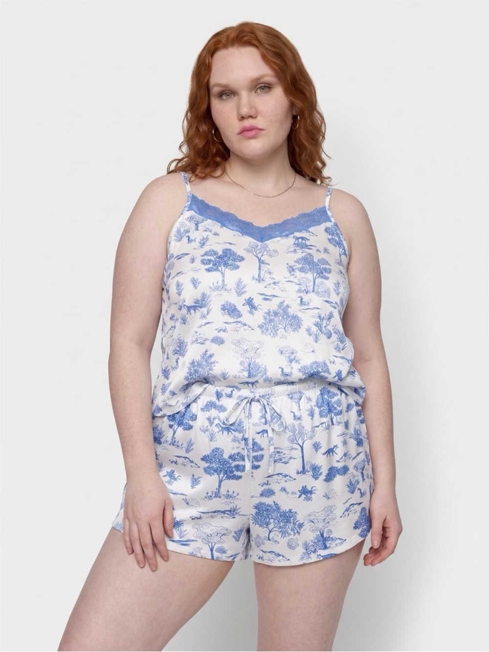 Joyspun Blue Toile Print Lace-Trim Pajama Set